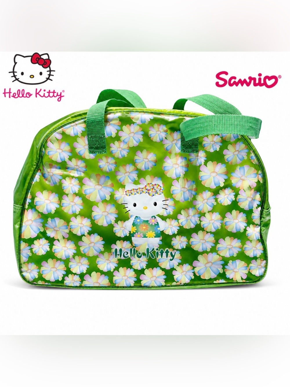 Rare 2002 Hello Kitty Sanrio Green Floral PVC Boston Bag Y2K Kawaii Vintage